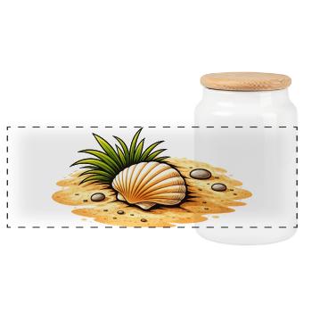 Seashell Beach Illustration Maritime Coastal Motif - Panoramic Cookie Jar with Wooden Lid - white - Front