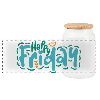 Happy Friday Fun Quote Positive Vibes Design - Panoramic Cookie Jar with Wooden Lid - white - Front