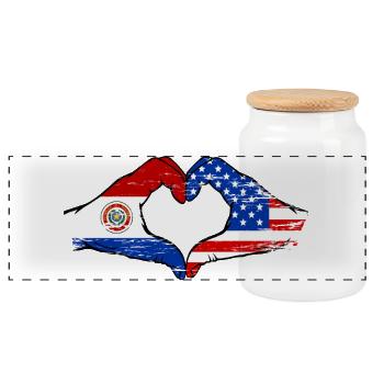 Paraguay USA Flags Heart - Panoramic Cookie Jar with Wooden Lid - white - Front