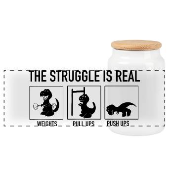 T-Rex Gym Struggle - Funny Dinosaur Weightlifting - Panoramic Cookie Jar with Wooden Lid - white - Front