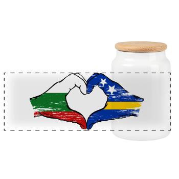 Bulgarien Curacao Flagge Hände Herzform used - Panorama Keksdose mit Holzdeckel - Weiß - Vorne
