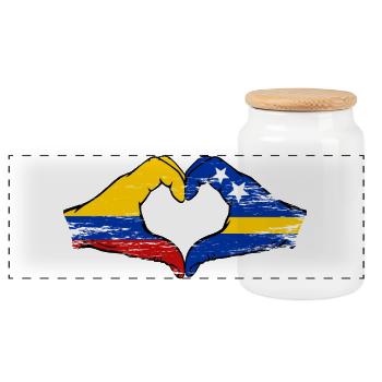 Kolumbien Curacao Flagge Hände Herzform used - Panorama Keksdose mit Holzdeckel - Weiß - Vorne