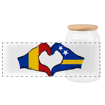 Romania Curacao Flag Hands Heart Shape - Panoramic Cookie Jar with Wooden Lid - white - Front