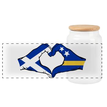 Scotland Curacao Flag Hands Heart Shape - Panoramic Cookie Jar with Wooden Lid - white - Front