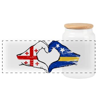 Georgien Curacao Flagge Hände Herzform used - Panorama Keksdose mit Holzdeckel - Weiß - Vorne