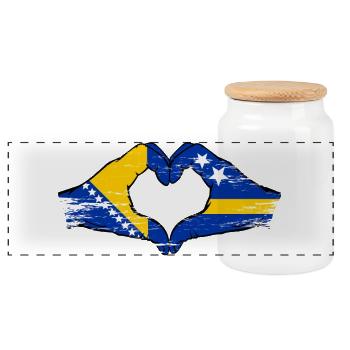 Bosnien Curacao Flagge Hände Herzform used - Panorama Keksdose mit Holzdeckel - Weiß - Vorne