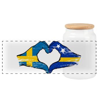 Sweden Curacao Flag Hands Heart Shape - Panoramic Cookie Jar with Wooden Lid - white - Front