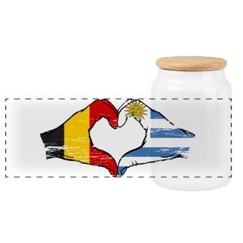 Belgium Uruguay flag hands heart shape used - Panoramic Cookie Jar with Wooden Lid - white - Front