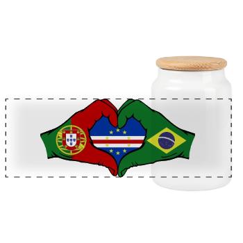 Cape Verde Portugal Brazil Flag Hands - Panoramic Cookie Jar with Wooden Lid - white - Front