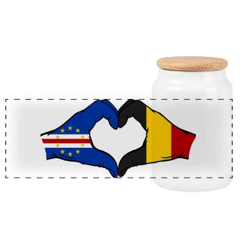 Cape Verde Belgium Flag Hands Heart Shape - Panoramic Cookie Jar with Wooden Lid - white - Front
