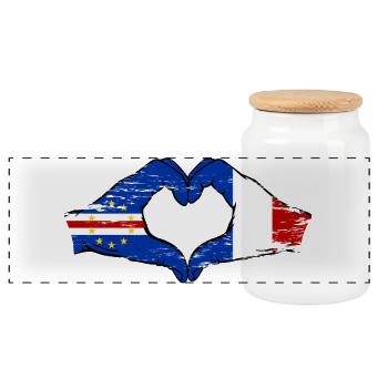 Drapeau du Cap-Vert France, mains en forme de cœur utilisées - Boîte à biscuits avec couvercle en bois - blanc - Devant