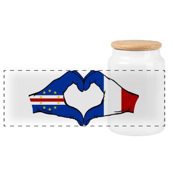 Drapeau du Cap-Vert France, mains en forme de cœur utilisées - Boîte à biscuits avec couvercle en bois - blanc - Devant