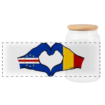 Cape Verde Romania Flag Hands Heart Shape - Panoramic Cookie Jar with Wooden Lid - white - Front