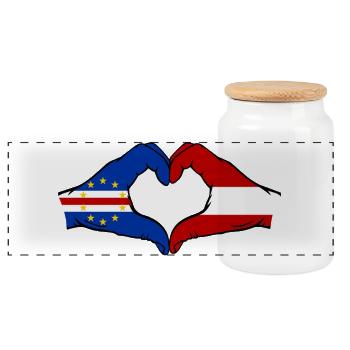 Cape Verde Austria Flag Hands Heart Shape - Panoramic Cookie Jar with Wooden Lid - white - Front
