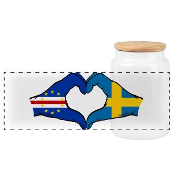 Cape Verde Sweden Flag Hands Heart Shape - Panoramic Cookie Jar with Wooden Lid - white - Front