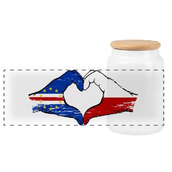 Cape Verde Poland Flag Hands Heart Shape Used - Panoramic Cookie Jar with Wooden Lid - white - Front