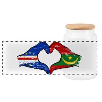 Cape Verde Mauritania Flag Hands Heart Shape - Panoramic Cookie Jar with Wooden Lid - white - Front