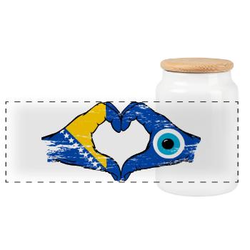 Bosnia Nazar flag hands heart shape used - Panoramic Cookie Jar with Wooden Lid - white - Front