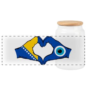 Bosnia Nazar Flag Hands Heart Shape - Panoramic Cookie Jar with Wooden Lid - white - Front