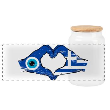 Greece Mati Flag Hands Heart Shape Used - Panoramic Cookie Jar with Wooden Lid - white - Front