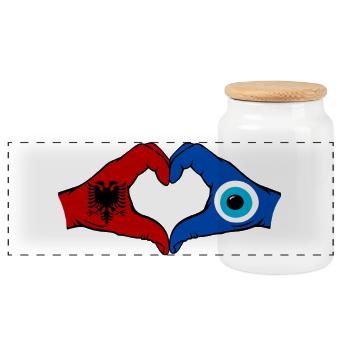 Albania Nazar Flag Hands Heart Shape - Panoramic Cookie Jar with Wooden Lid - white - Front