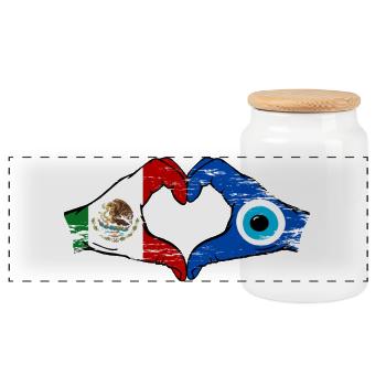 Mexico Nazar Flag Hands Heart Shape Used - Panoramic Cookie Jar with Wooden Lid - white - Front
