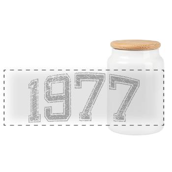 1977 Jahrgang - Panorama Keksdose mit Holzdeckel - Weiß - Vorne