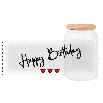HAPPY BIRTHDAY. HAPPY BIRTHDAY. ANNIVERSARY. - Panoramic Cookie Jar with Wooden Lid - white - Front