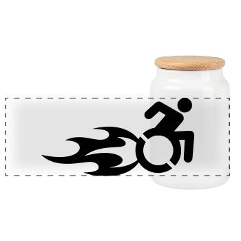 Wheelchair user with flames # - Panoramic Cookie Jar with Wooden Lid - white - Front