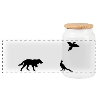 Fronting Dog & Pheasants Silhouette - Panoramic Cookie Jar with Wooden Lid - white - Front