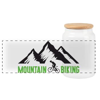 Mountain Biking - Panoramic Cookie Jar with Wooden Lid - white - Front