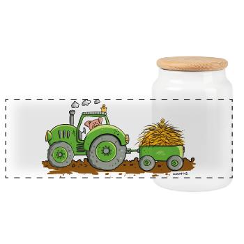 Tracteur à traction porcine avec ferme à remorques - Boîte à biscuits avec couvercle en bois - blanc - Devant