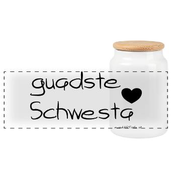 guadste Schwesta - beste Schwester, Dialekt - Panorama Keksdose mit Holzdeckel - Weiß - Vorne