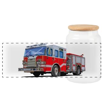 Feuerwehrauto mit dem jeder zum Einsatz möchte - Panorama Keksdose mit Holzdeckel - Weiß - Vorne