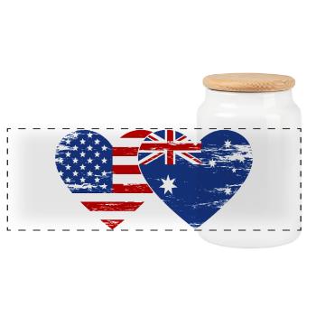 USA Australia Flag Heart Shape Used - Panoramic Cookie Jar with Wooden Lid - white - Front