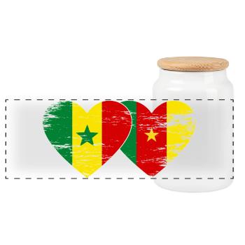 Senegal Cameroon Flag Hands Heart Shape Used - Panoramic Cookie Jar with Wooden Lid - white - Front