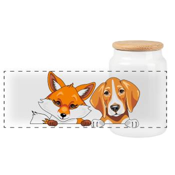 Cute fox and a foxhound dog are best friends - Panoramic Cookie Jar with Wooden Lid - white - Front