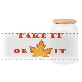 Prends-le ou feuille-le – Motif de feuille d’érable orange-rouge - Boîte à biscuits avec couvercle en bois - blanc - Devant