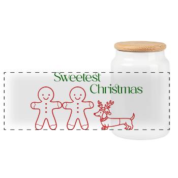 hristmas – Gingerbread Boys & Dachshunds (Red Line) - Panoramic Cookie Jar with Wooden Lid - white - Front