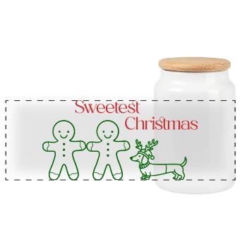 Christmas – Minimal Gingerbread & Dachshund (Green) - Panoramic Cookie Jar with Wooden Lid - white - Front
