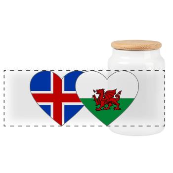 Iceland Wales Flag Heart - Panoramic Cookie Jar with Wooden Lid - white - Front