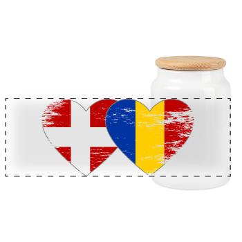 Denmark Romania Flag Heart Used - Panoramic Cookie Jar with Wooden Lid - white - Front