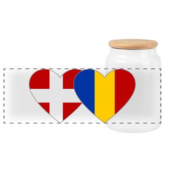 Denmark Romania Flag Heart - Panoramic Cookie Jar with Wooden Lid - white - Front