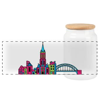 Nijmegen City Skyline Waal Bridge Line Art - Panoramic Cookie Jar with Wooden Lid - white - Front
