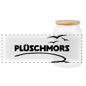 Plueschmors Low German Sea Shirt - Panoramic Cookie Jar with Wooden Lid - white - Front
