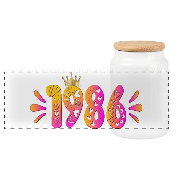 Birthday 1986 Birthday Crown - Panoramic Cookie Jar with Wooden Lid - white - Front