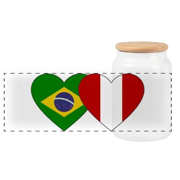 Brazil Peru Flag Hands Heart Shape Used - Panoramic Cookie Jar with Wooden Lid - white - Front