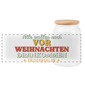 Alle wollen vor Weihnachten drankommen - Friseur - Panorama Keksdose mit Holzdeckel - Weiß - Vorne