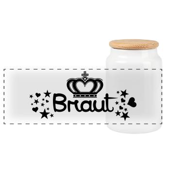 Braut Krone Schriftzug mit Herzen und Sternen - Panorama Keksdose mit Holzdeckel - Weiß - Vorne