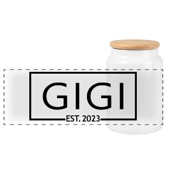 Gigi Est. 2023, Oma zu werden, Schwangerschaft enthüllen - Panorama Keksdose mit Holzdeckel - Weiß - Vorne